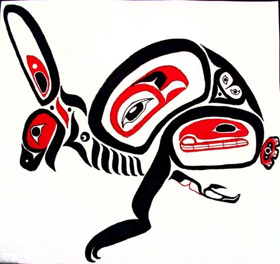 Wonderful black-and-red maori-style running hare tattoo design