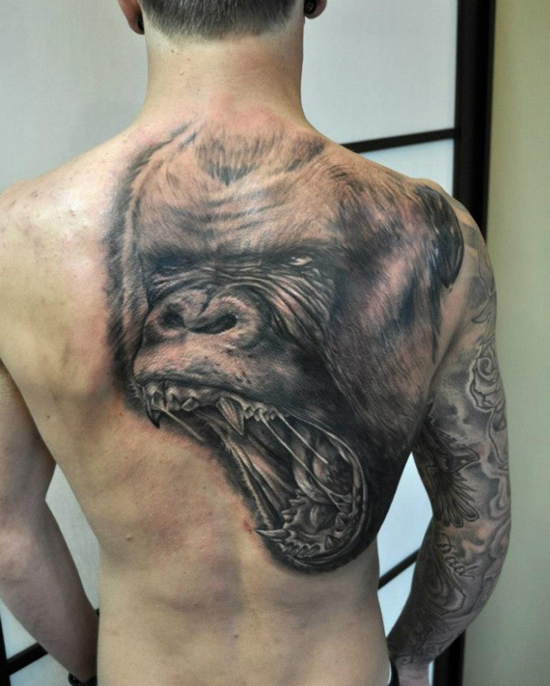 Tatuaje de gorila que gruñe  en la espalda