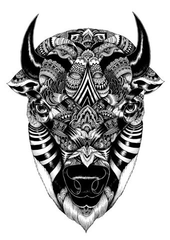 Wonderful black-ink decorated bull head tattoo design