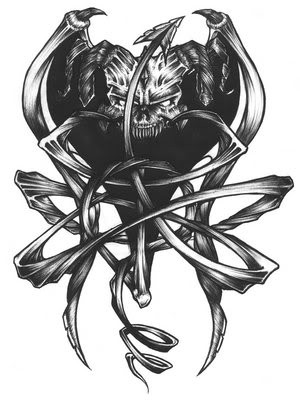 Cabeça de demônio com chifres de tinta preta maravilhosa com desenho de tatuagem de embreagens afiadas