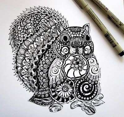 Wonderful black-ink ornate squirrel tattoo design