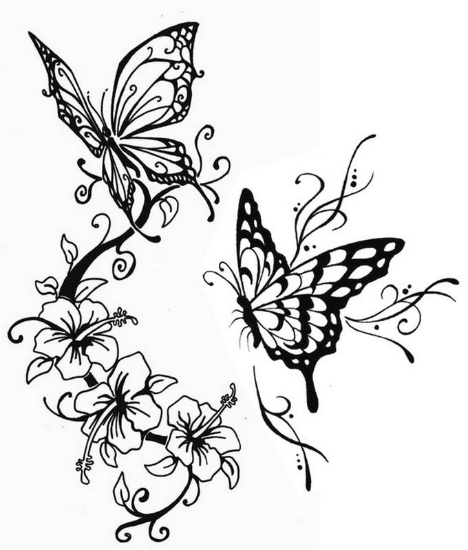 Wonderful black-line butterflies flying over flowers tattoo design