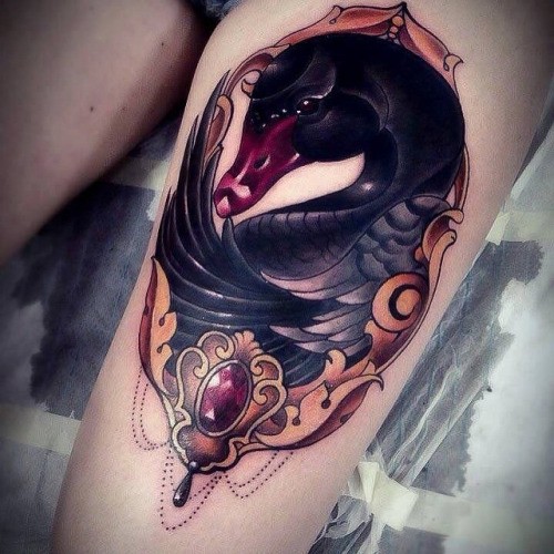 Wonderful black swan in mirror frame with red jem tattoo on thigh