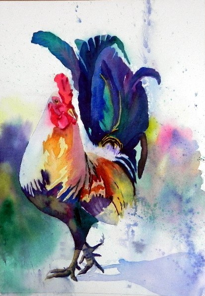Wonderful calm watercolor rooster tattoo design