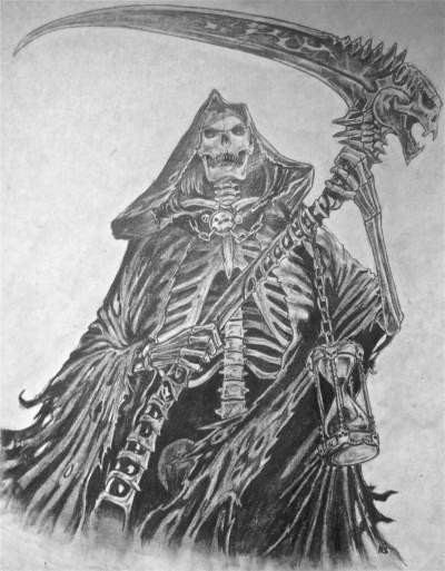 Esqueleto de morte maravilhoso com um desenho de tatuagem de foice pesado grande