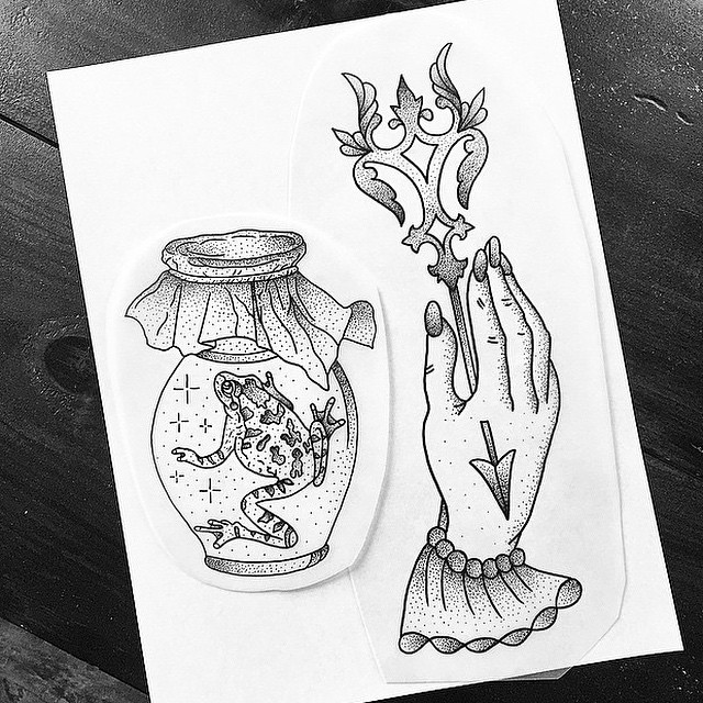 Wonderful dotwork frog closed in glass pot tattoo design