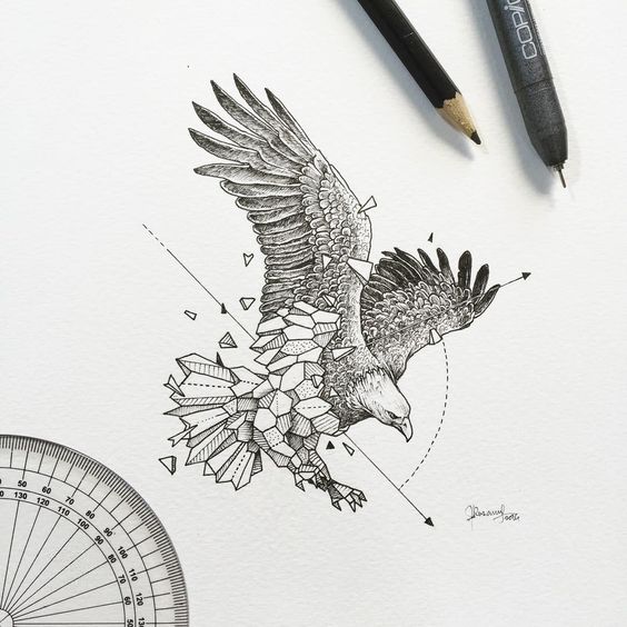 Wonderful grey-color half-geometric eagle tattoo design
