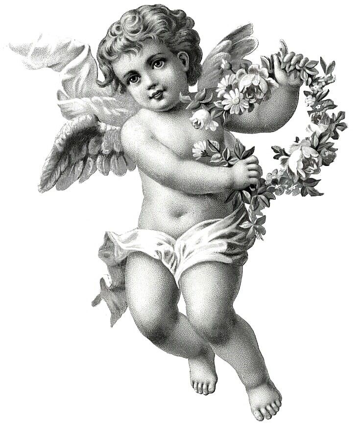 Criança maravilhosa de anjo cinza com um desenho de tatuagem de coroa de flores