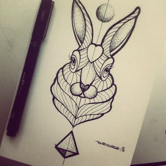 Wonderful grey-ink rabbit portrait with dotwork and geometric elements tattoo design