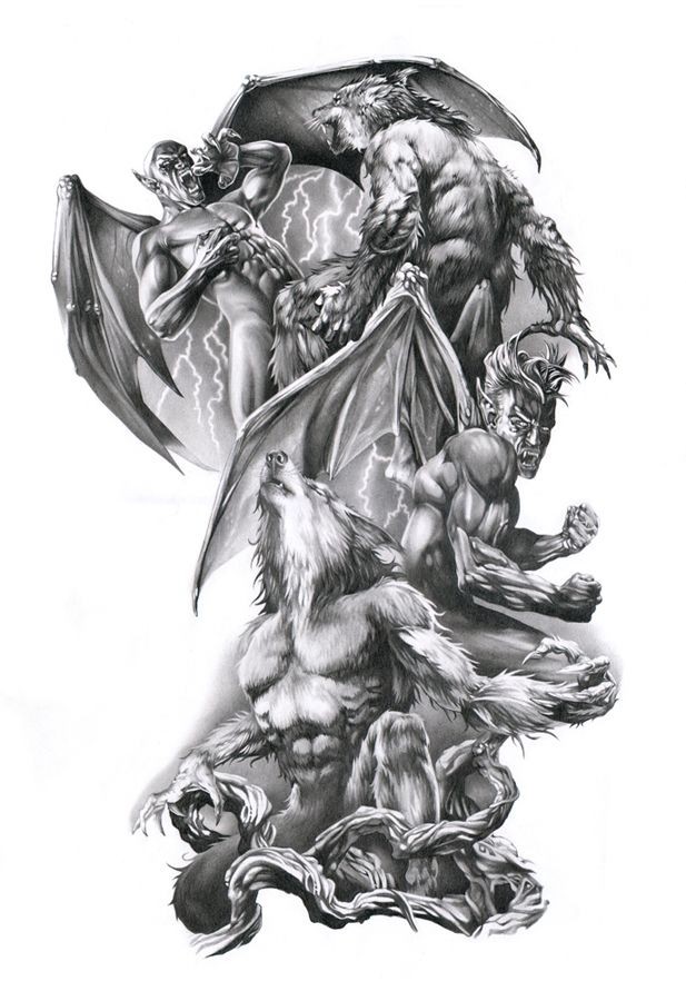 Wonderful grey-ink werewolf and gargoyle fight tattoo design