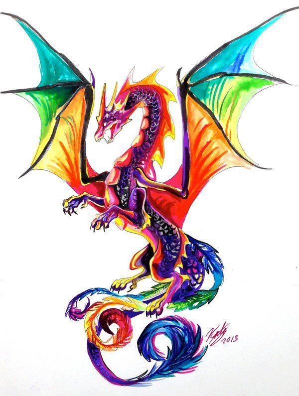 Wonderful montly colored dragon with rainbow wings tattoo design