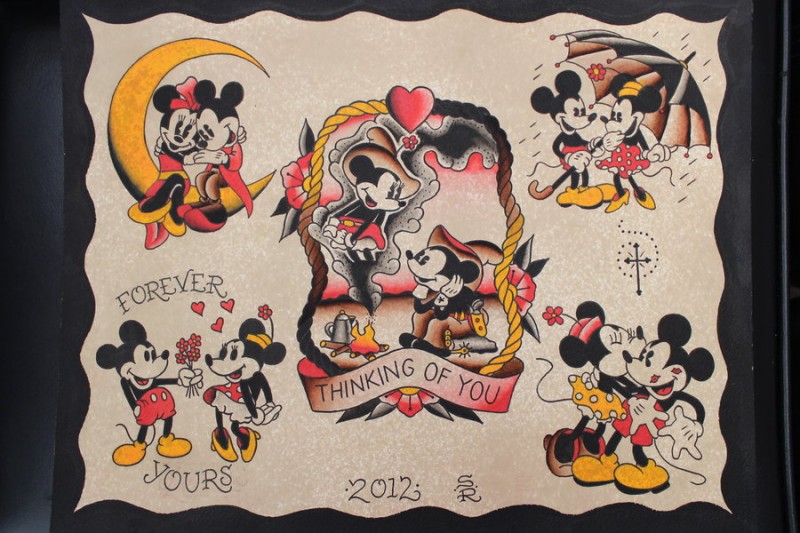 Wonderful old school Mickey and Minnie Mouse couple tattoo designs by Steve Rieck