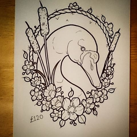 Wonderful outline swan framed with flowers and reed tattoo design