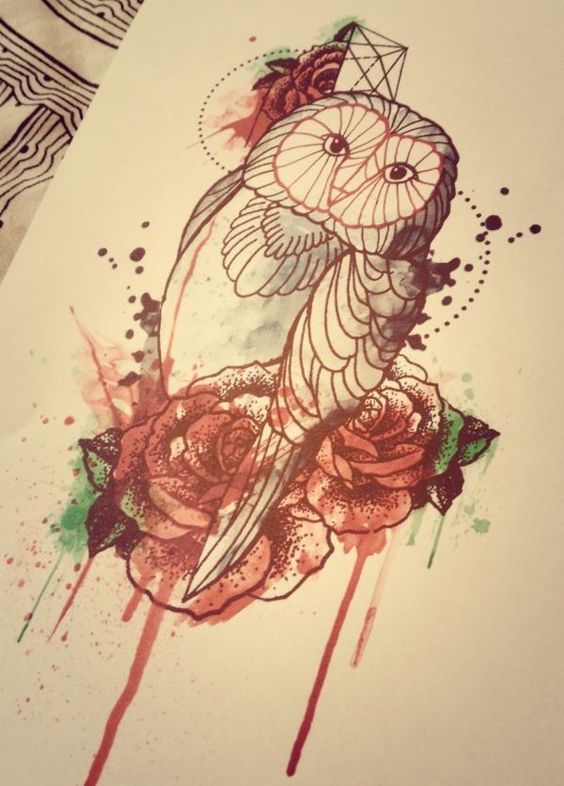 Wonderful owl portrait with watercolor effect tattoo design