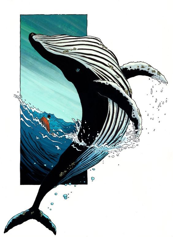 Wonderful splashing whale and tiny boat tattoo design