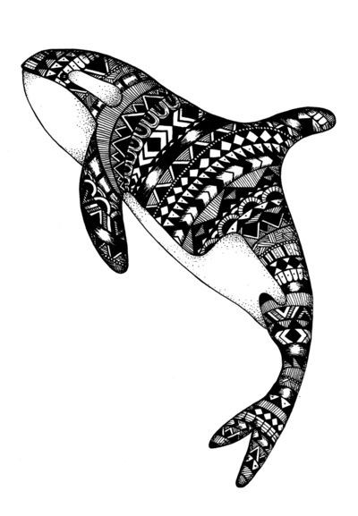 Wonderful striped ornamented whale tattoo design