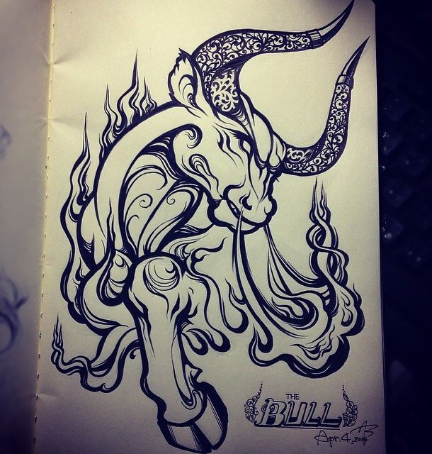 Wonderful uncolored bull breathing with fire tattoo design