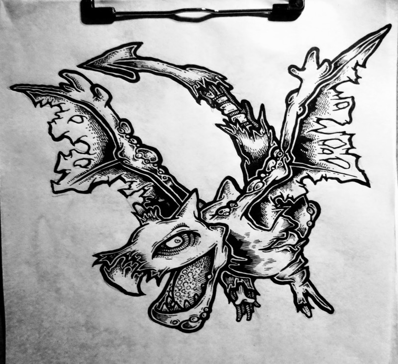 Desenho de tatuagem de dragão de zumbi voando incolor maravilhoso