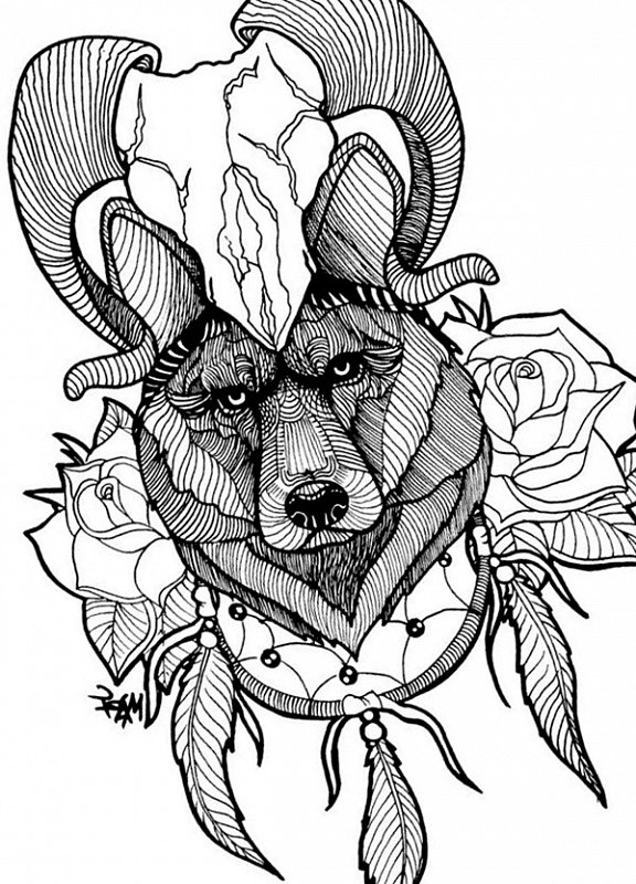 Wonderful uncolored wolf and ram in flowers tattoo design