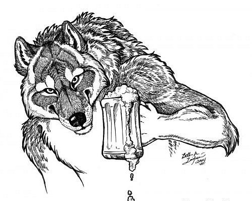 Wonderful uncolored wolf keeping a glass of beer tattoo design