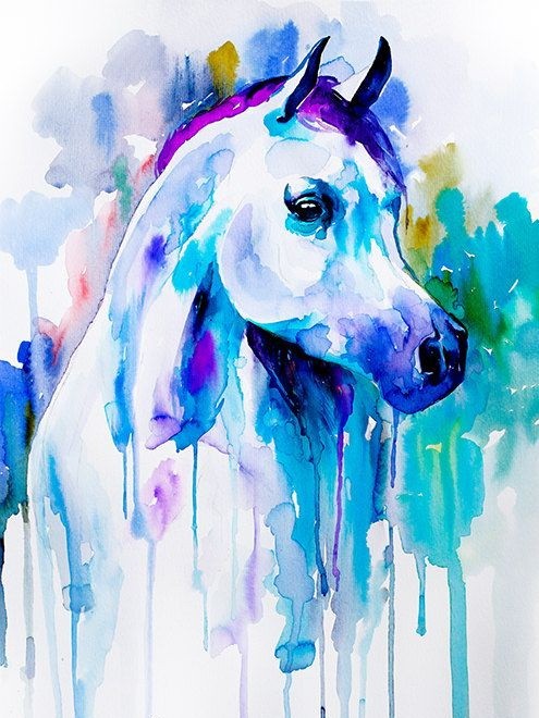 Wonderful watercolor horse portrait in blue colors tattoo design