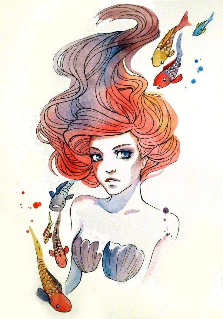 Retrato de sereia aquarela maravilhosa e design de tatuagem de rebanho de peixes de natação