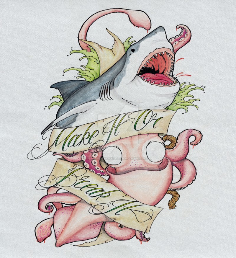 Wonderful white and squid water animals with banner tattoo design by Pulverised Fetus