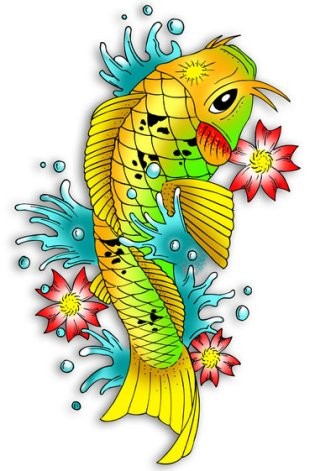 Yellow-and-green fish and red cherry flowers tattoo design