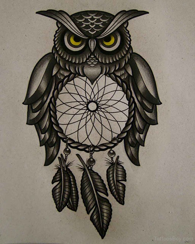 Yellow-eyed grey owl with dream catcher body tattoo design