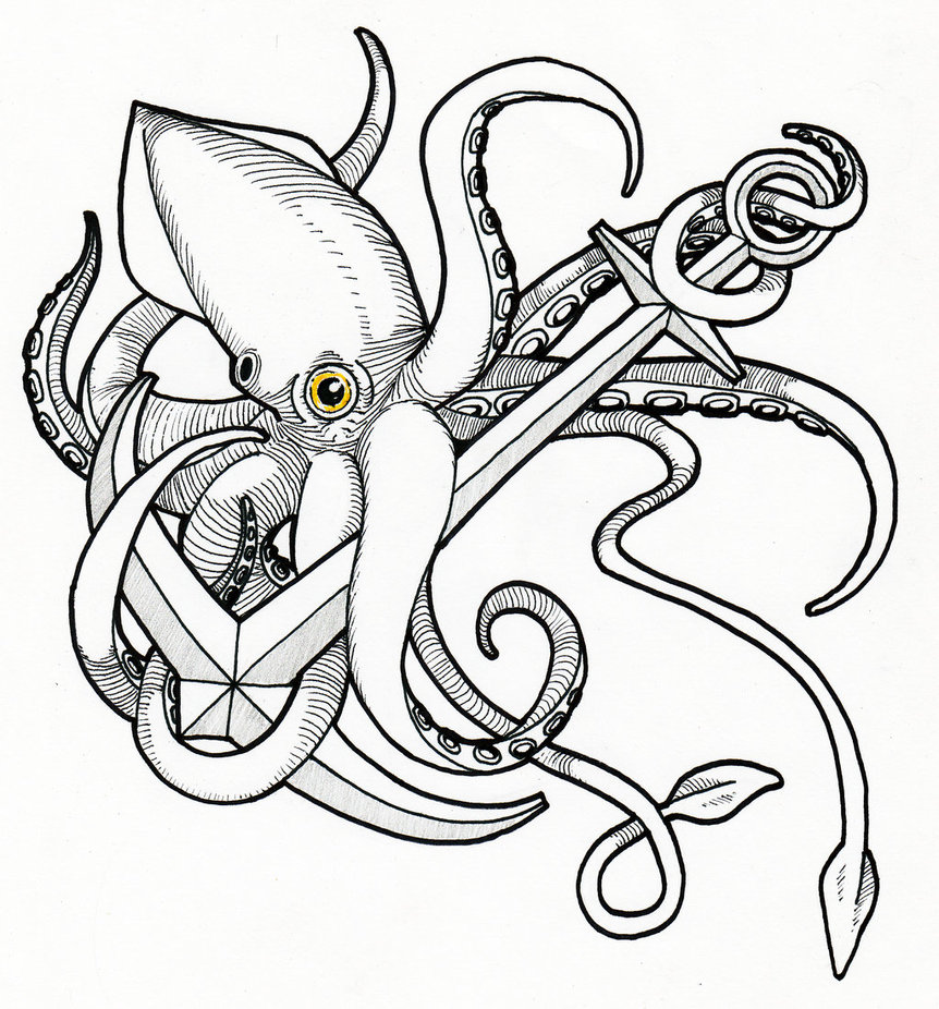 Yellow-eyed octopus with an anchor tattoo design by Kalizandrik
