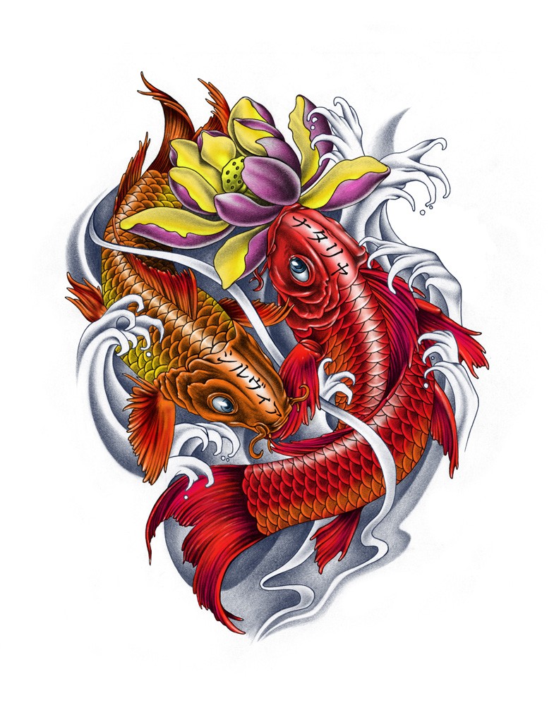 Yellow and red fish couple with violet lotus tattoo design by Ca5per