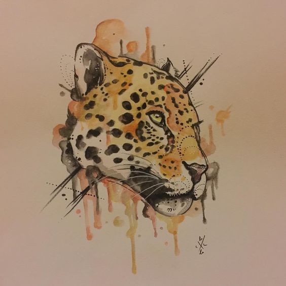Yellow leopard head on orange watercolor background tattoo design
