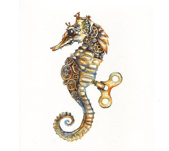 Yellow mechanical seahorse with cogwheels and back key tattoo design
