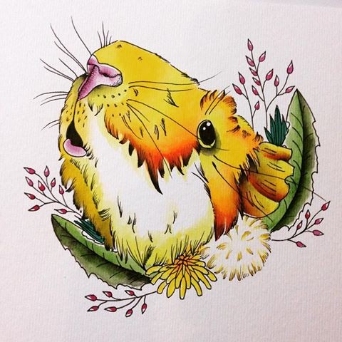Yellow rodent head and herbs tattoo design