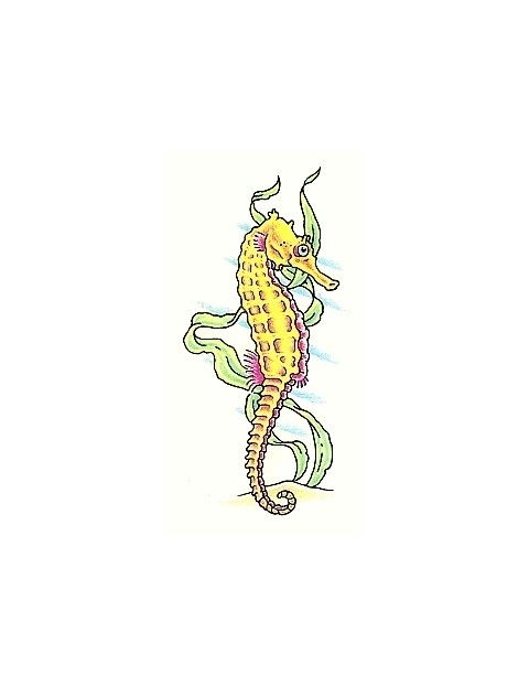 Yellow seahorse with pink flippers on weed background tattoo design