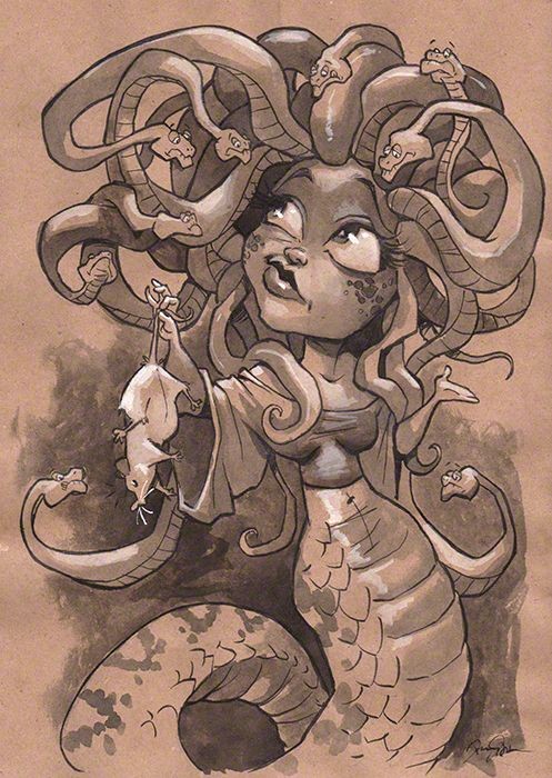 Young cartoon lady Gorgon feeding her reptile hair with mouse tattoo design