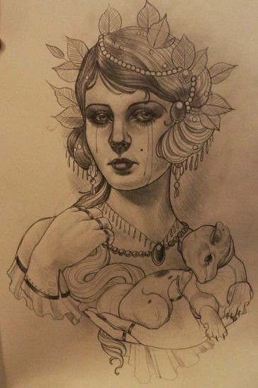 Young crying lady with calm rodent in hand tattoo design