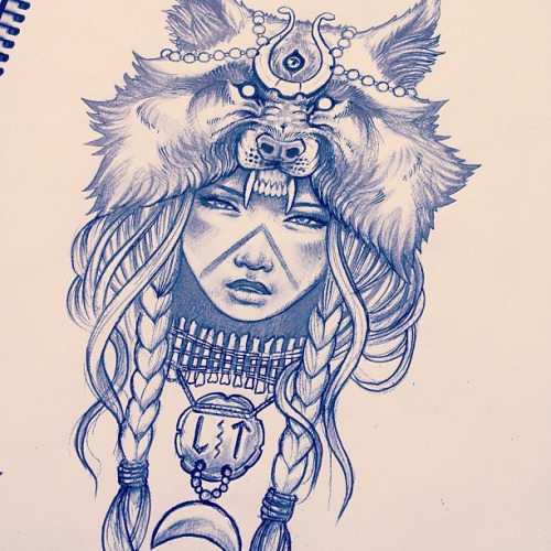 Young indian girl in fluffy wolf hat tattoo design