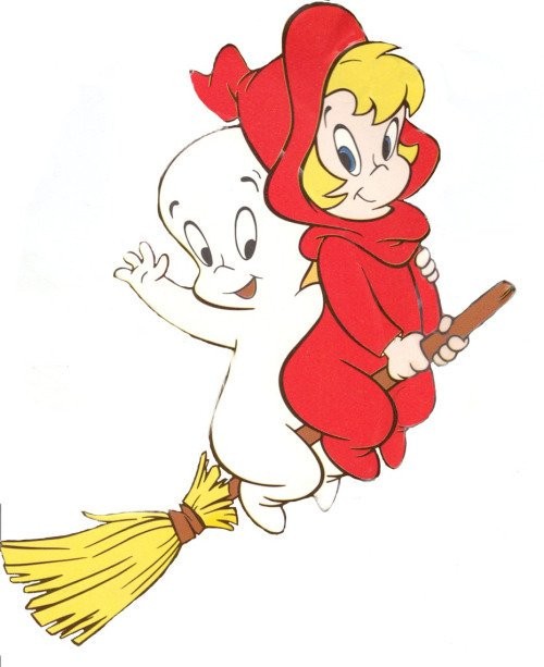 Young witch in red mantel and casper the ghost flying by besom tattoo design