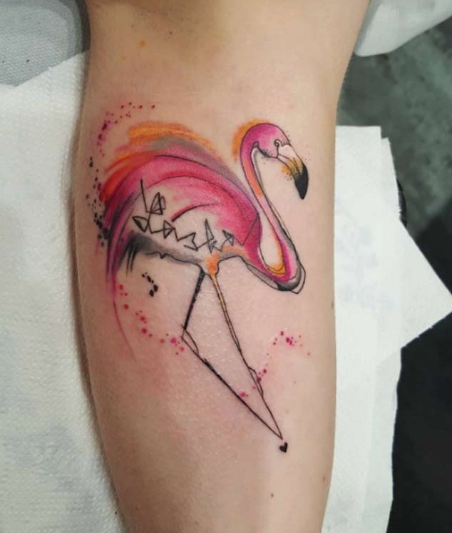 Abstract homemade style colored flamingo tattoo stylized with mystical symbols