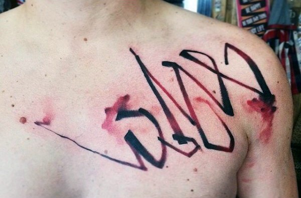 Abstract style black and red colored lettering tattoo on chest