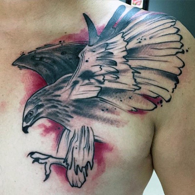 Abstract style black and white chest tattoo of flying eagle