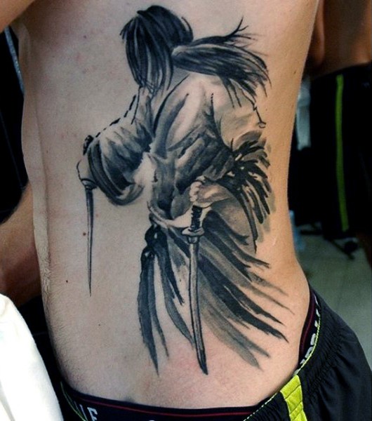 Abstract style black and white mystical Asian warrior tattoo on side