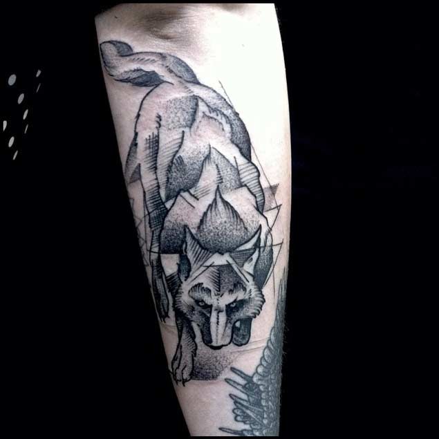 Abstract style black ink forearm tattoo of evil fox