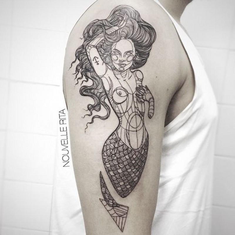 Abstract style black ink fragmented mermaid tattoo on shoulder by Nouvelle Rita