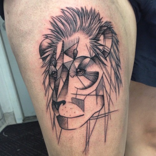 Abstract style black ink geometrical tattoo of lion face