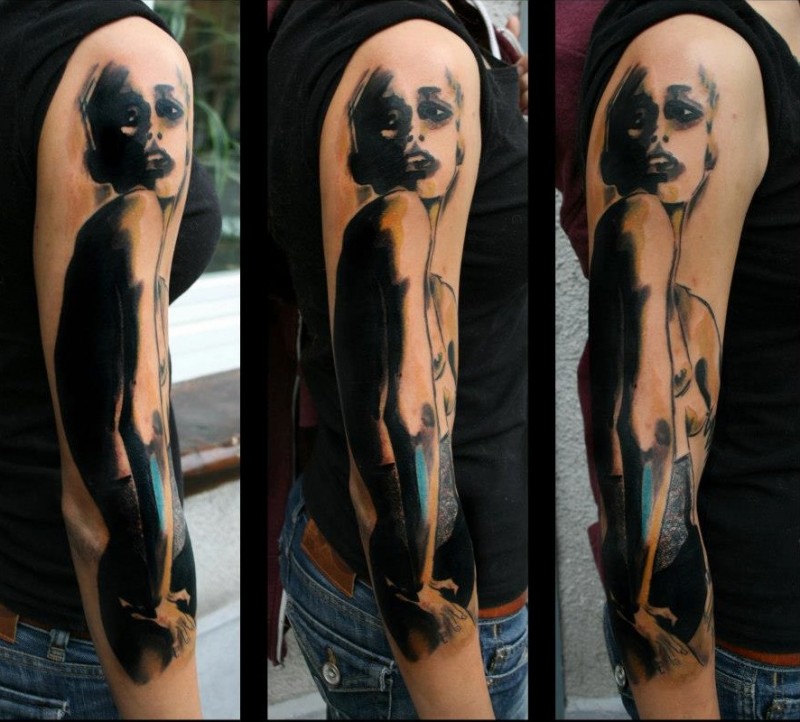 Abstract style black ink half sleeve tattoo of seductive woman
