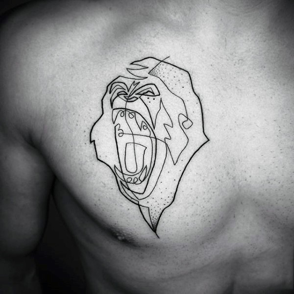 astratto stile inchiostro nero scimmia infuriata tatuaggio su petto