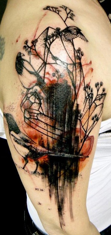 Abstract style black ink shoulder tattoo of mystical tree with birds