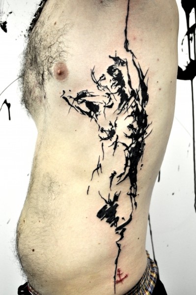 Abstract style black ink side tattoo of naked woman